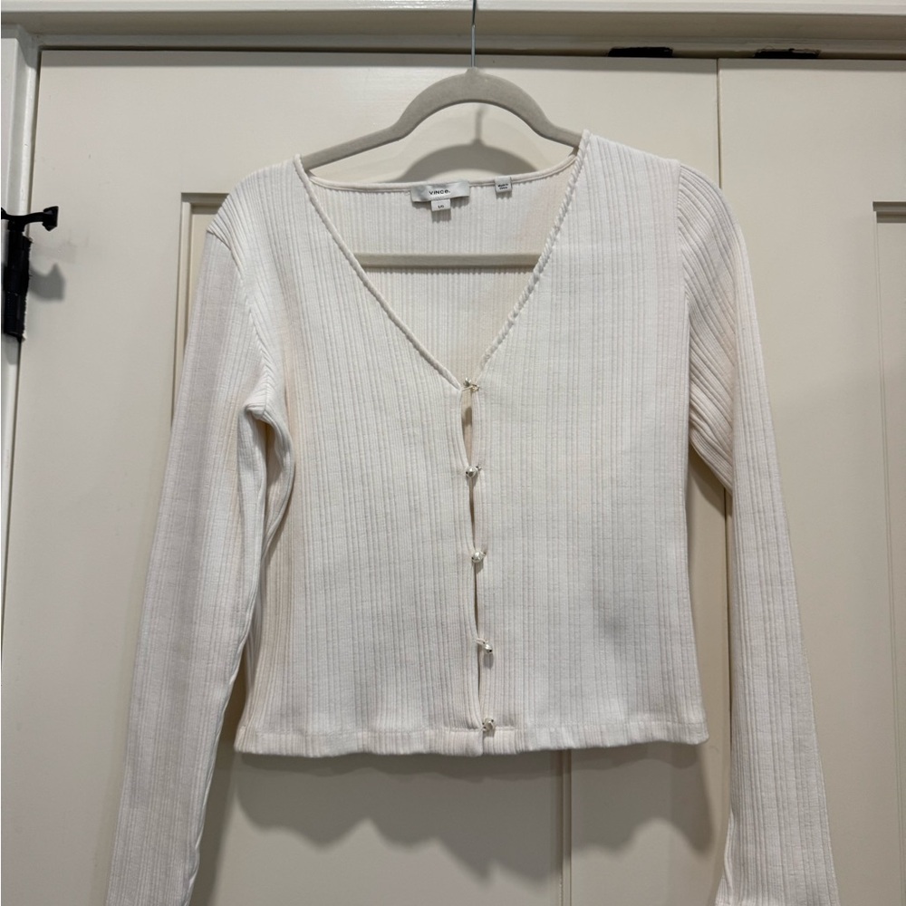 Vince Cream Ribbed Long-Sleeve V-Neck Button Top